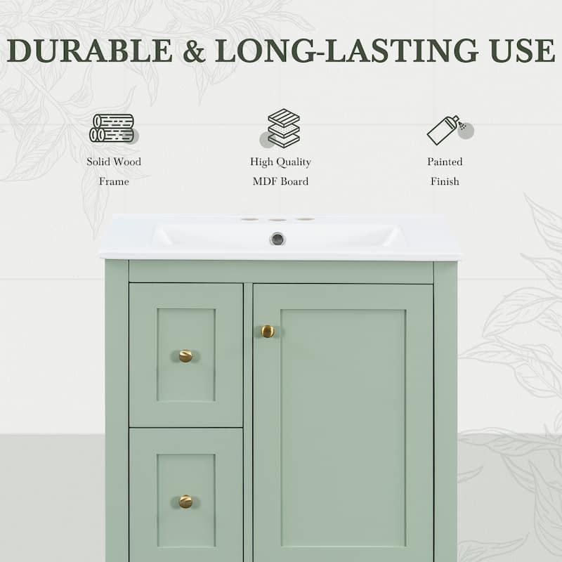 24-Inch Bathroom Vanity with Storage, Adjustable Shelf, MDF & Rubberwood, Removable Dividers, Green Finish
