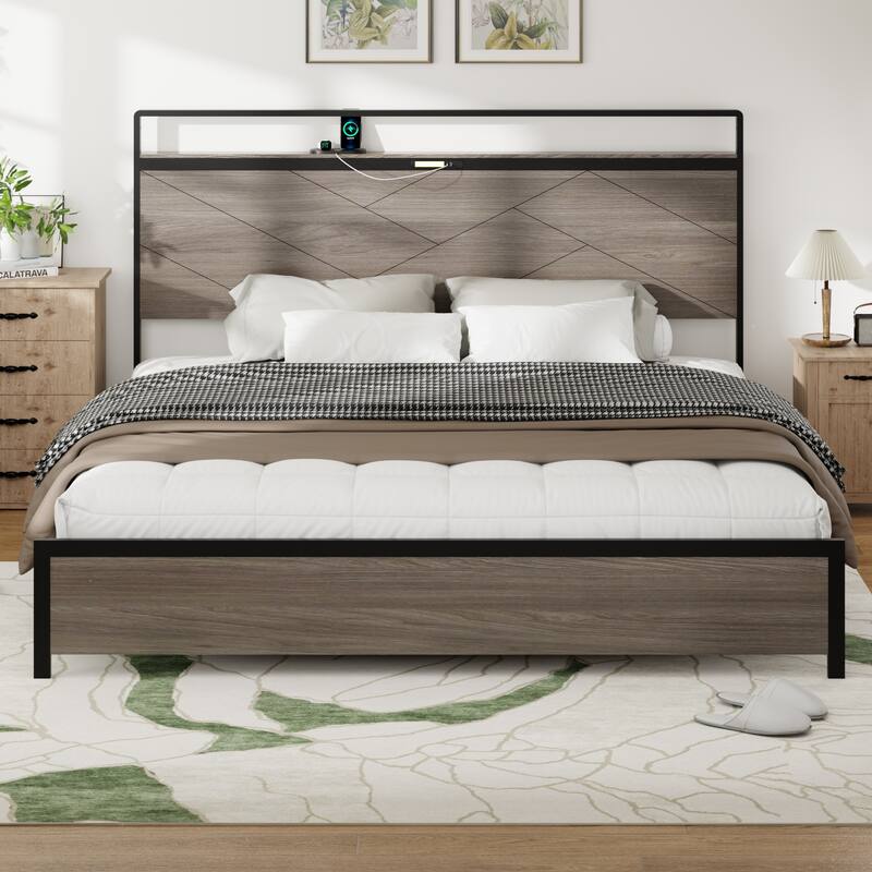 Antique Wooden Platform Bed Frame - LED Headboard, USB, No Noise, Storage, Easy Assembly