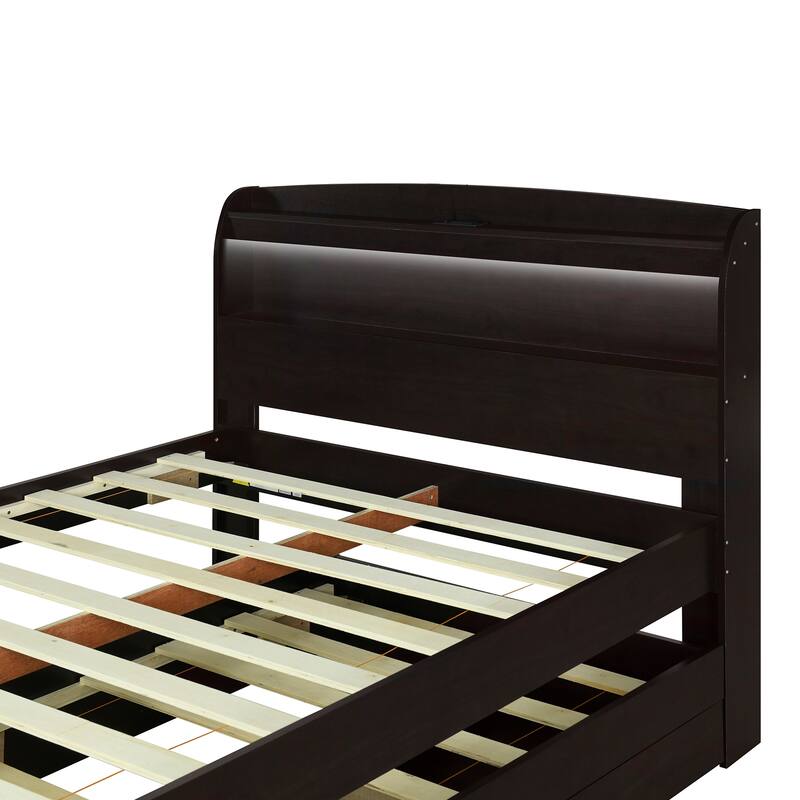 Full XL Size Platform Bed with Storage LED Headboard, Charging Station, Twin Size Trundle, and 2 Drawers