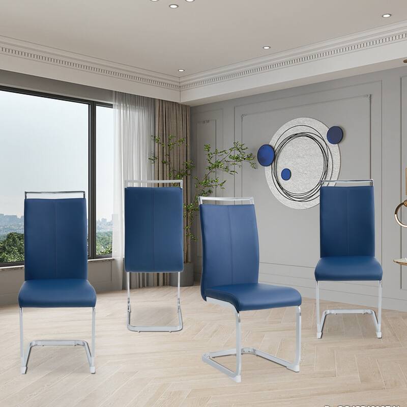 Modern PU Faux Leather High Back Dining Chairs with C-shaped Tube Chrome Metal Legs