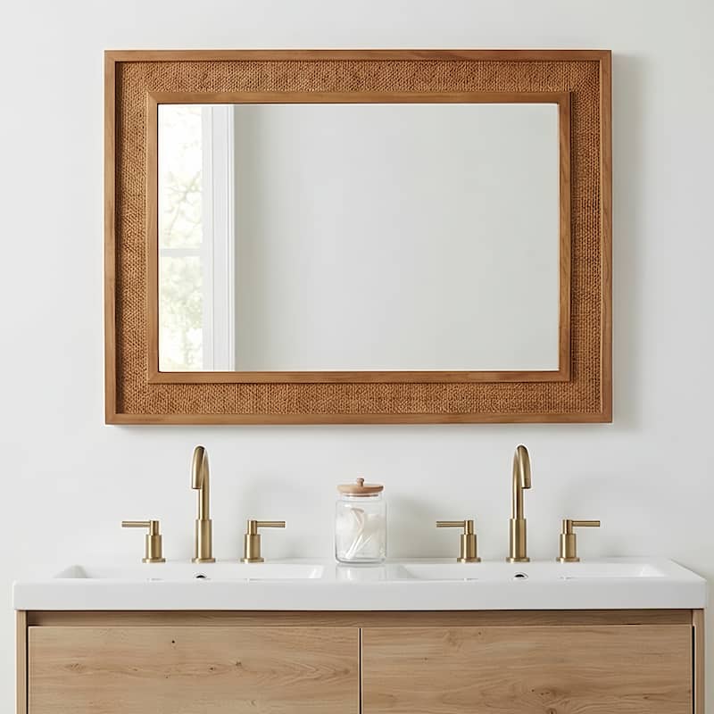 Rattan Rectangle Solid Wood Frame Decorative Mirror - Yellowish-Brown - 24"x36