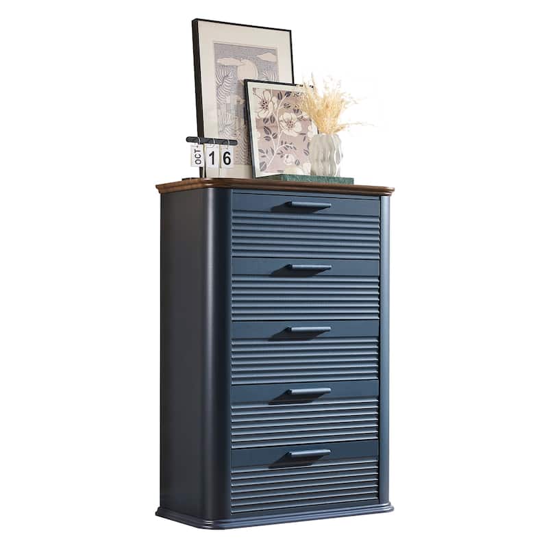 5 Drawers Dresser for Bedroom, 45" Tall Dresser with Curved Profile Design, Wood Fluted Chest of Drawers - Navy Blue