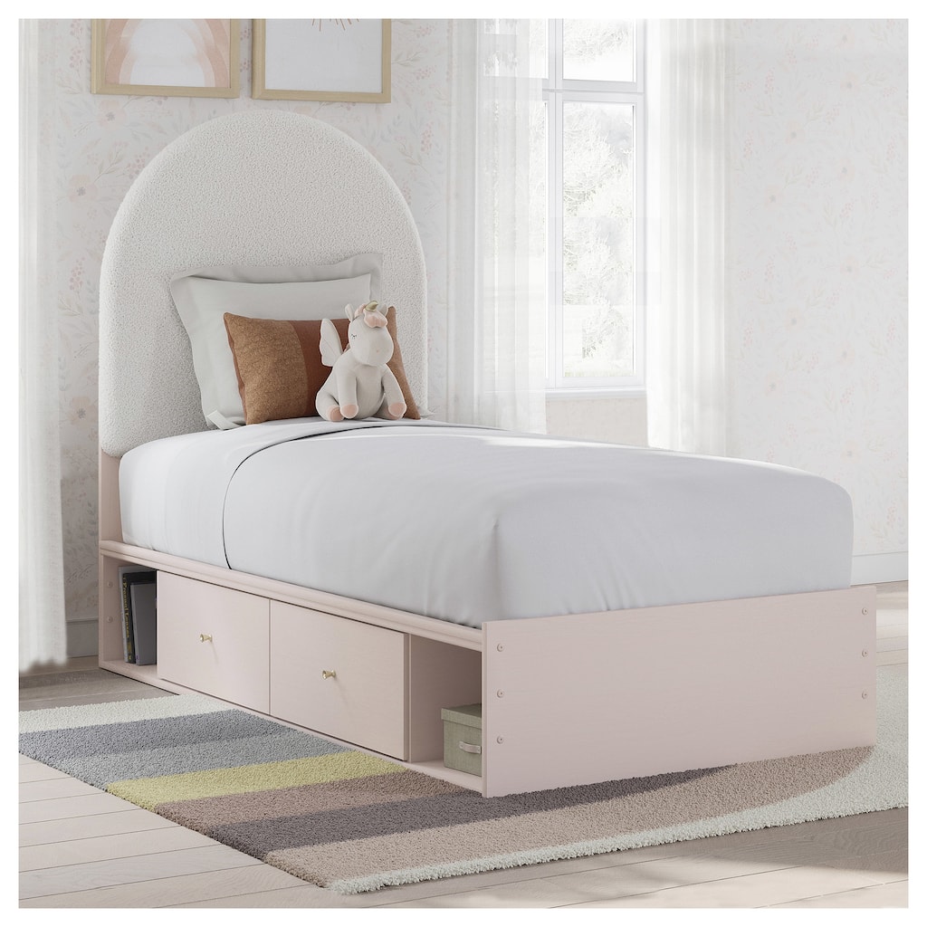 Signature Design by Ashley Wistenpine Pink/Cream Twin Upholstered Panel Platform Bed with Storage