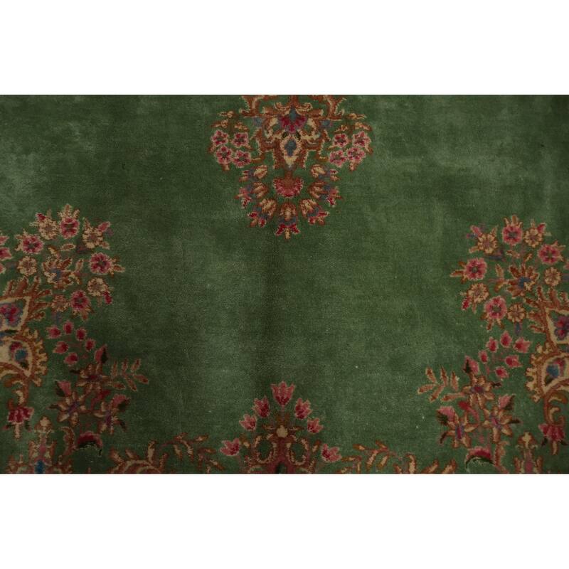 Hand Knotted Oriental 100% Wool Carpet Traditional Floral Green Kerman Area Rug - 11' 9'' X 8' 6''