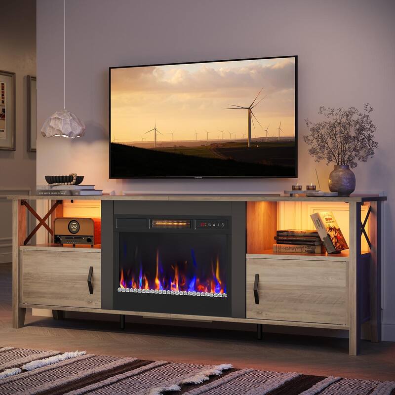 Bestier 63" TV Stand, LED Media Console with Storage, with Electric Fireplace and LED and Adjustable Storage Cabinet
