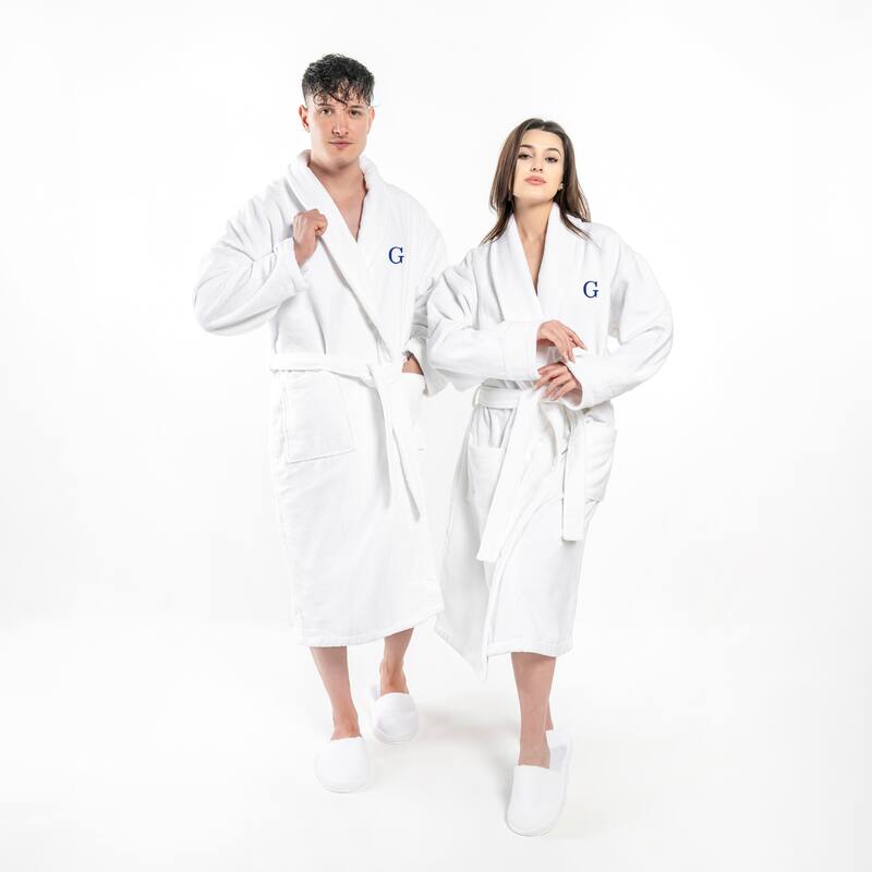 Authentic Hotel and Spa 100% Turkish Cotton Personalized Unisex Anovia Velour Bathrobe - Navy Block Font