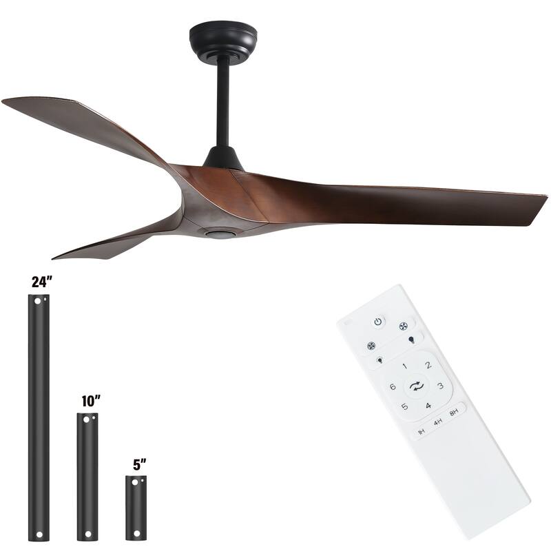 52Inch Ceiling Fan without Light, 6 Wind Speeds with Remote Control for Living Room and Patio - Black with Brown ABS Blades - 52 inch