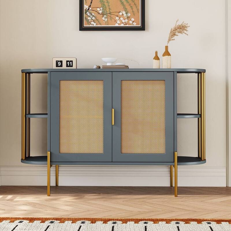 Sideboard Buffet Cabinets with Woven Ratta Doors, Curved Kitchen Storage Cabinets, Wood Coffee Bar Tables - Dark Grey
