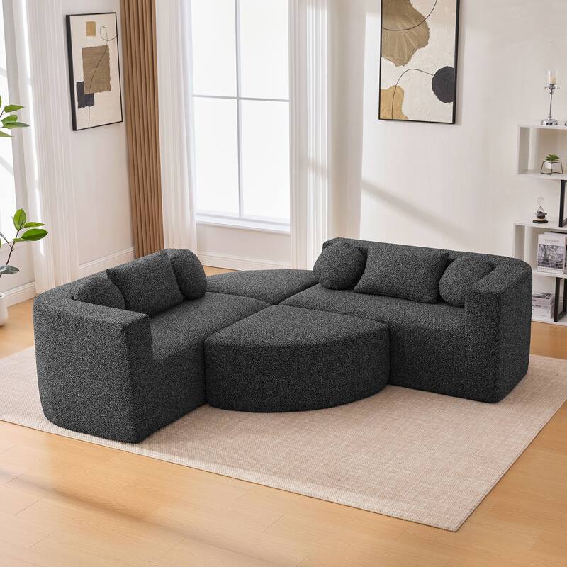 U-Shape Modular Sectional Sofa, Boucle Upholstered Boneless Couch, Compression Sofa with 4 Throw Pillows & 2 Cushions