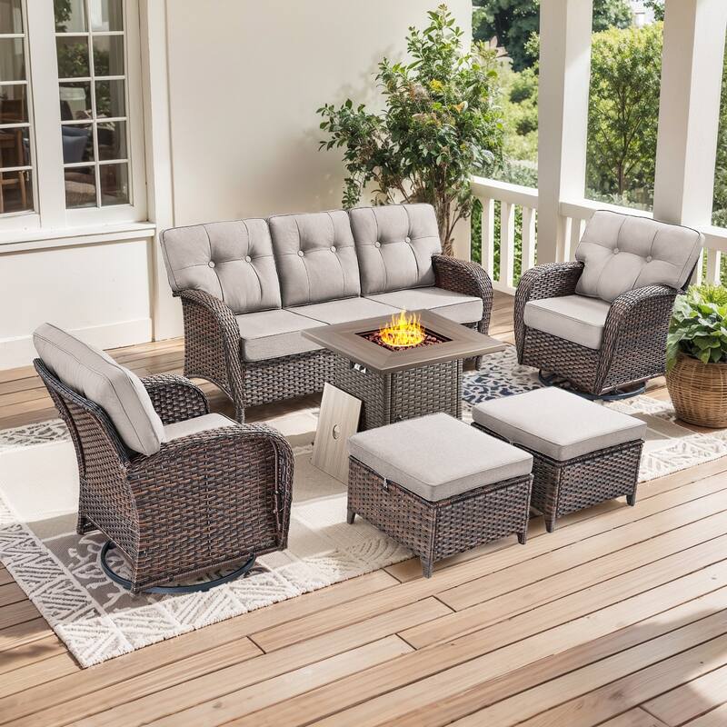 Pocassy Ooutdoor Fire Pit Table with Patio Funiture - 6 Pieces w/ Swivel Chair - Brown Wicker & Beige cushion