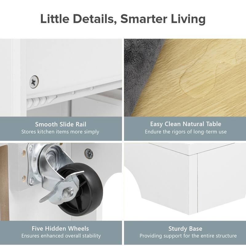 51" Kitchen Island with 6 Drawers, Drop Leaf, Power Outlet, Pull-Out Trash Can Storage, and 5 Open Side Racks on Wheels