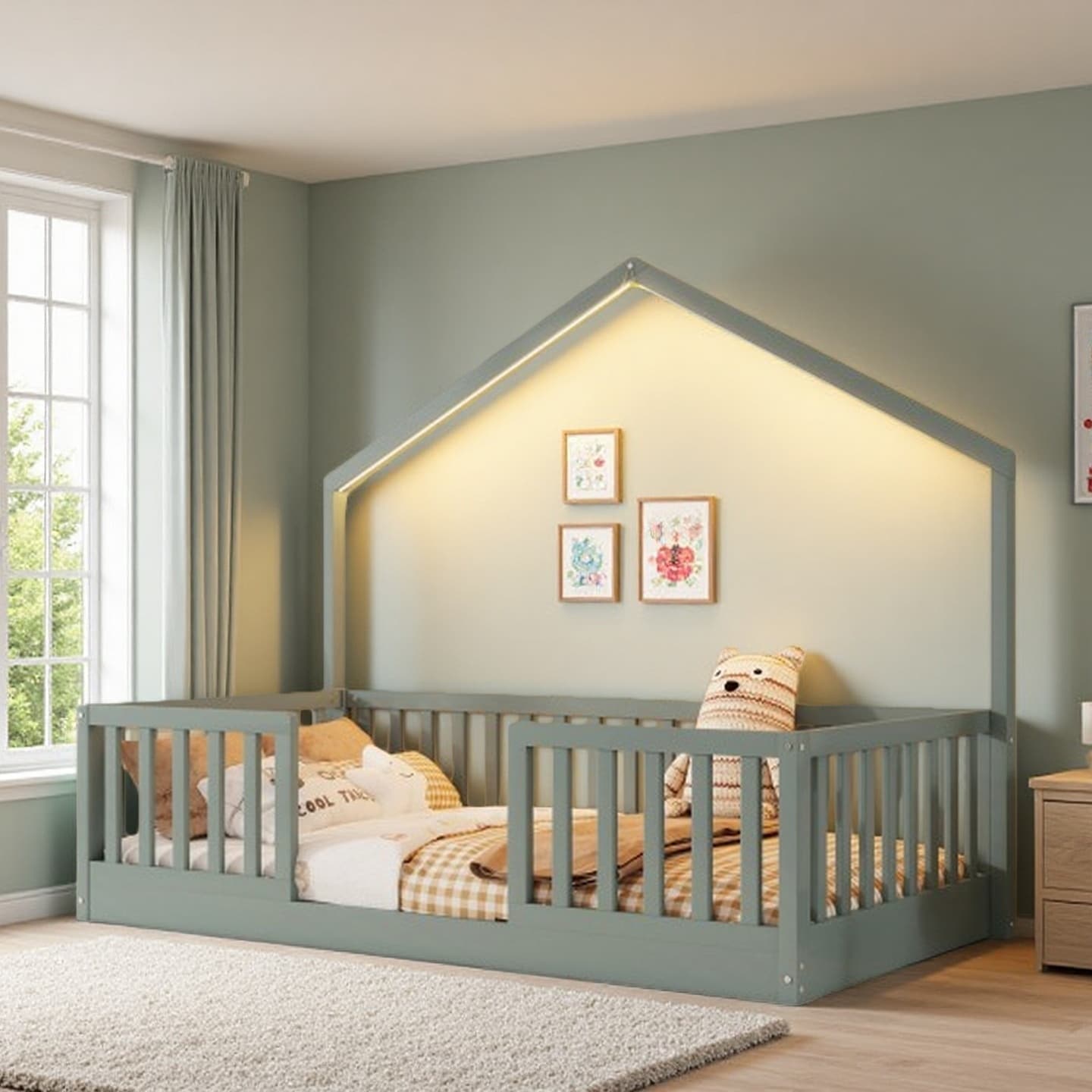 Twin Montessori Floor Bed for Kids with High Rails and Built-In LED Light, Low-Profile Wooden Bed Frame