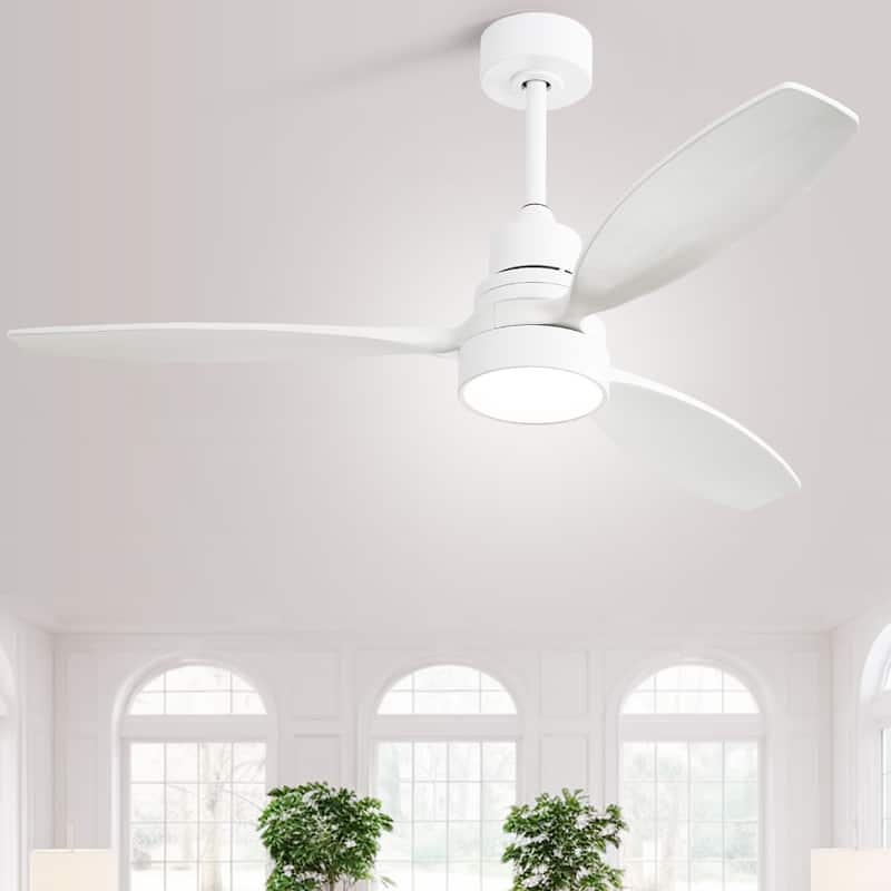 52" Farmhouse Style Wood Walnut Ceiling Fan With Lights and Remote Control, Dimmable LED Optional - Matte White with Solid wood Blades