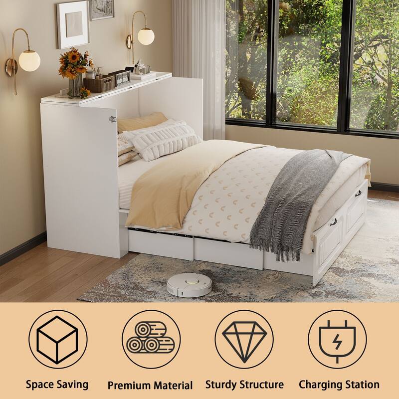 Murphy Bed Full Size with Storage Drawers Space Saving Cabinet Bed with Easy Pull Out Mechanism for Bedroom