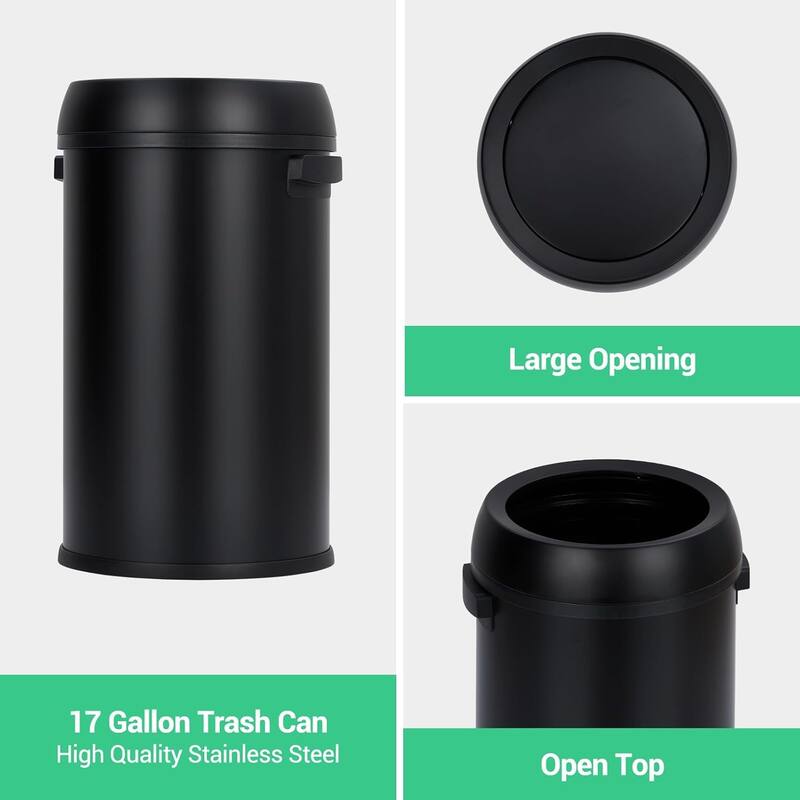 17 Gallon/65 Liter Round Open Top Trash Can, Stainless Steel Commercial Grade Heavy Gauge Trash Bin