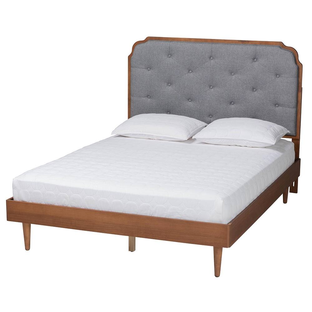 Garron Mid-Century Modern Grey Fabric and Walnut Brown Wood Queen Size Platform Bed