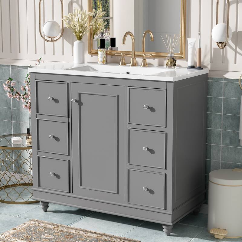 36" Modern Bathroom Vanity with Ceramic Sink - 4 Drawers & 1 Door, Adjustable Shelf - Solid Wood Frame & MDF for Bathroom