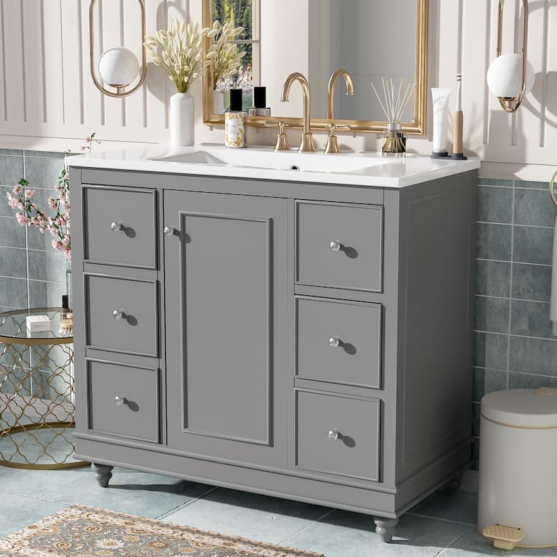 Bathroom Vanity With Ceramic Sink Combo , 4 Drawers And 1 Door, Versatile Storage, Adjustable Shelf, Solid Wood Frame