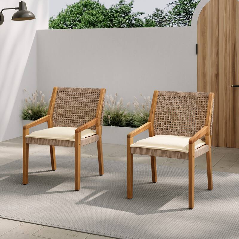 Roomfitters Outdoor Acacia Wood and Wicker Dining Chairs with Cream Cushions Teak Finish and Brown Wicker