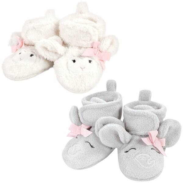 slide 1 of 1, Hudson Baby Infant Girl Animal Fleece Booties 2-Pack, Gray Elephant Lamb Gray Elephant Lamb - 0-6 Months