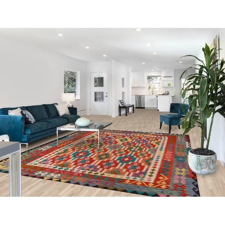 Kilim Oriental Rug Hand-Woven Multi-Color Wool Carpet - 8'3"x 9'7"