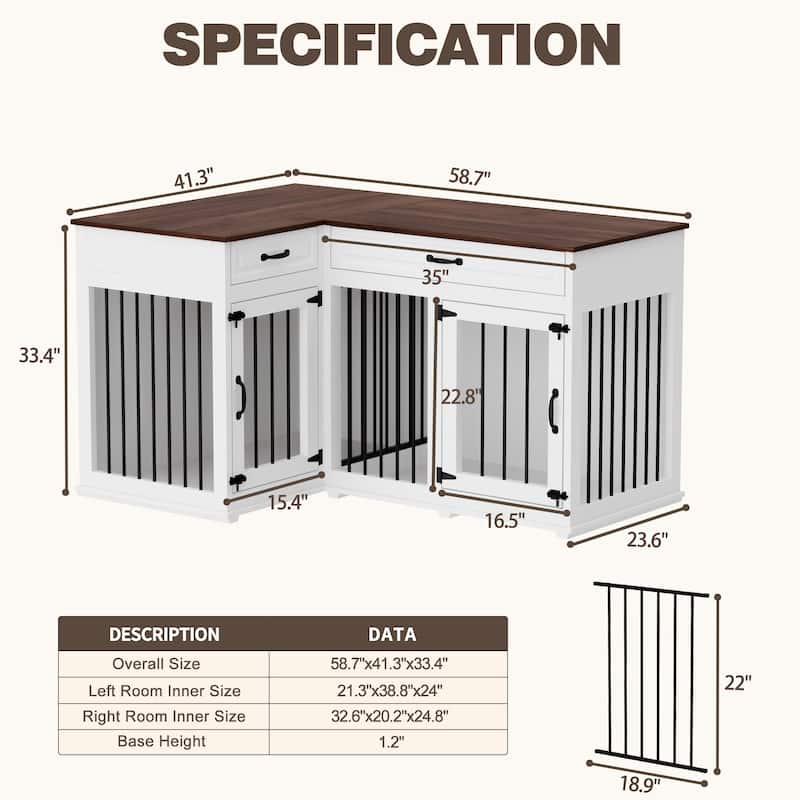Large Corner Dog Crate Furniture For 2 Dogs With 2 Drawers TV Stand