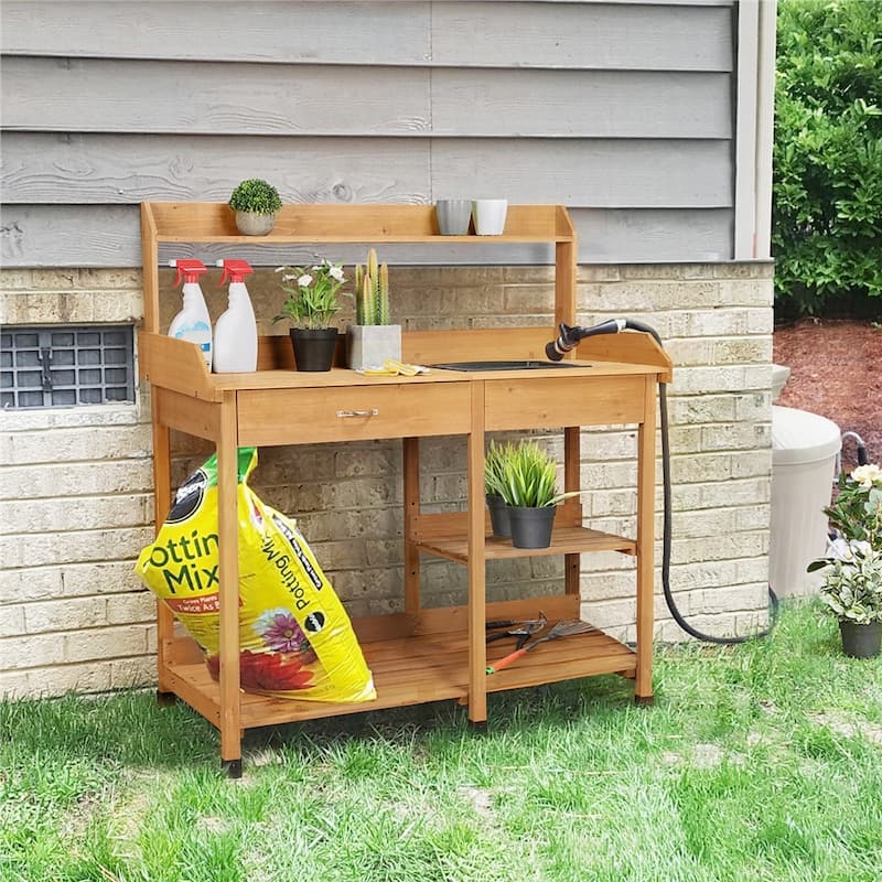 Yaheetech Garden Potting Bench Planting Bench with Sink Drawer Rack - N/A