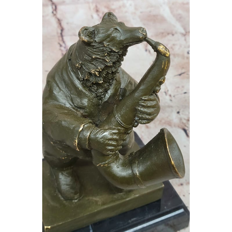 Bear Playing Saxophone Bronze Sculpture - Whimsical Animal Music Art