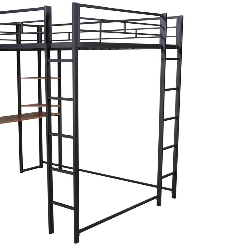 Full Size Metal Loft Bed with Shelves and Desk, Sturdy Steel Frame, Space-Saving Design