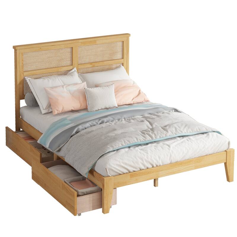 Full Platform Bed with Rattan Headboard & 2 Storage Drawers