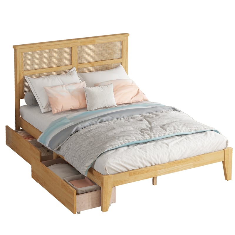 Wood Frame Bed with Rattan Headboard, 2 Drawers