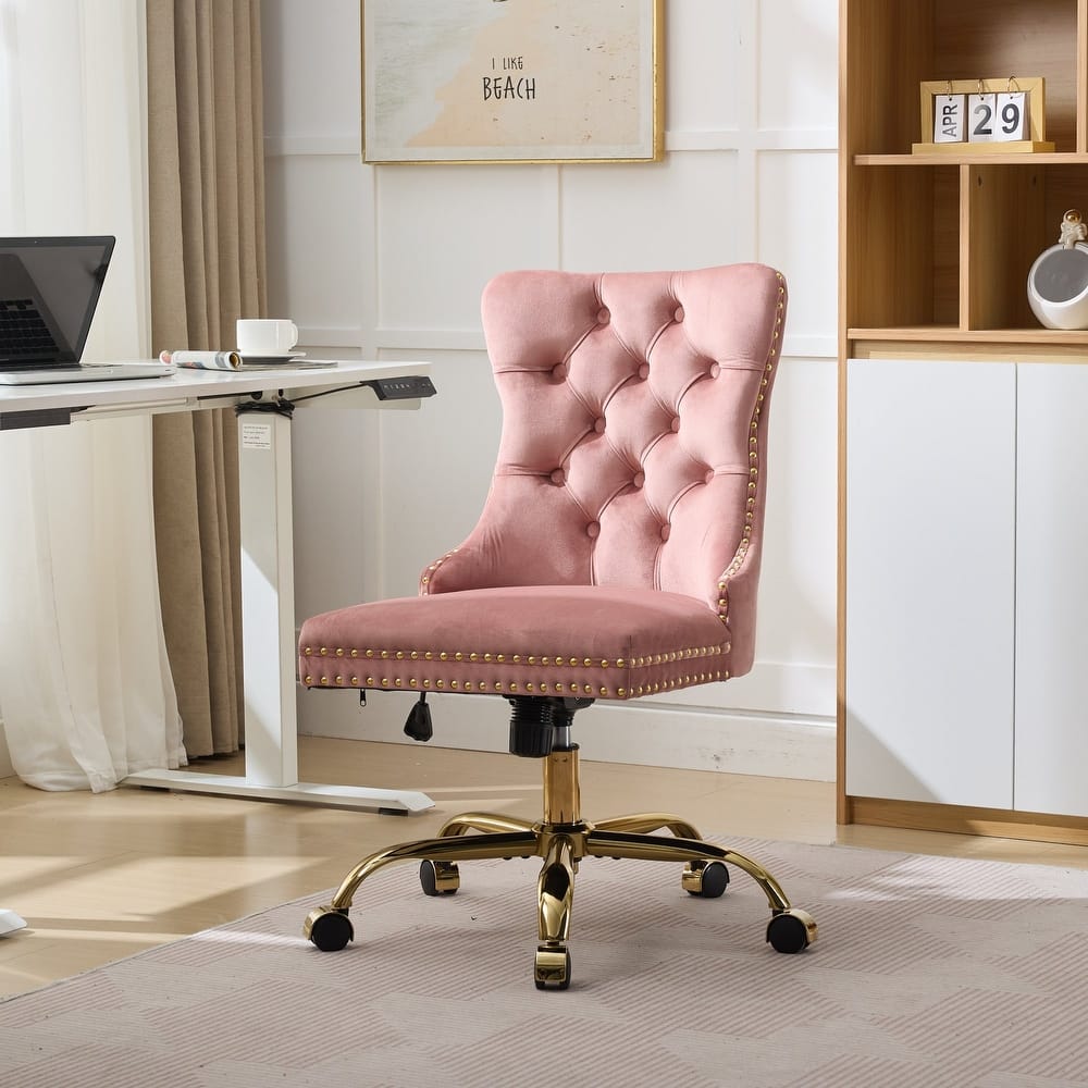 Office Chair,Modern Velvet Upholstered Tufted Button Home Office Chair with Golden Metal Base