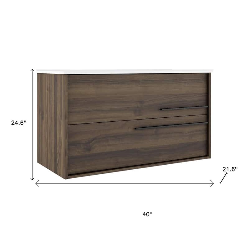 HomeRoots 40" Dark Brown Wood Floating Bathroom Vanity With White Sink And Two Drawers - 40.00 in. x 24.60 in. x 21.60 in.