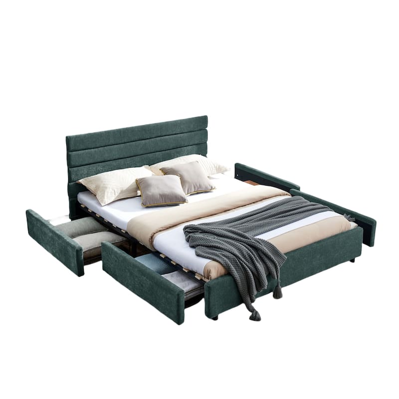 Queen Size Modern Upholstered Bed Frame with Headboard and Drawers