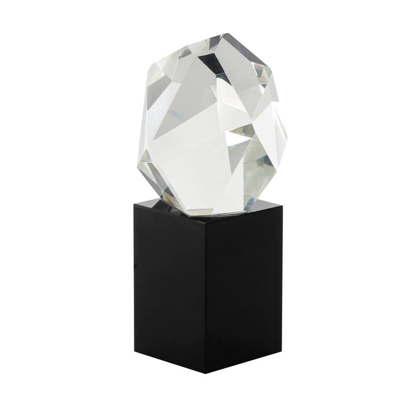 Clear Glass Cut Stone Inspired Sculpture with Black Base