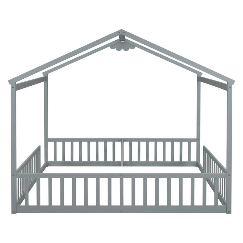 House-Style Double Twin Size Floor Bed with Fence, Guardrails, without Door
