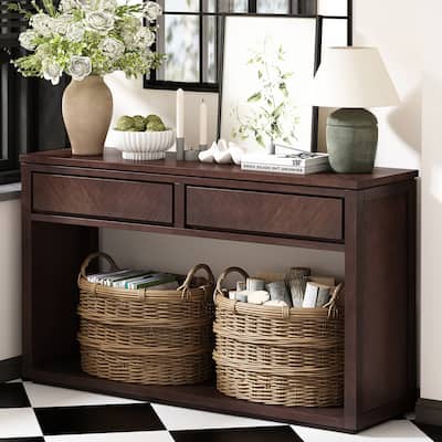 55" Rustic Console Table with Drawers and Open Shelf for Living Room