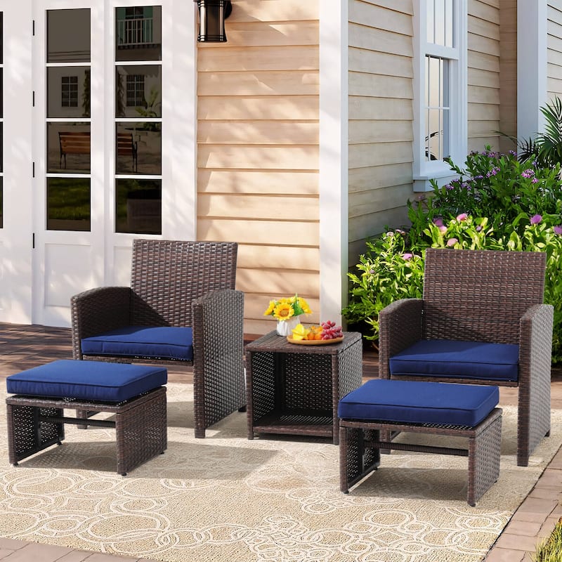 Outdoor 5-piece Brown Rattan Wicker Conversation Set - Brown/Navy