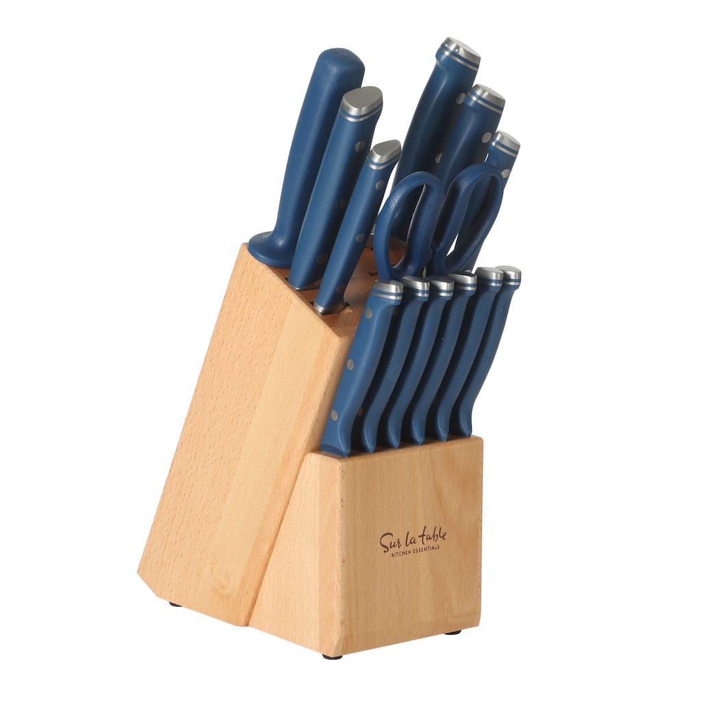 Sur La Table Kitchen Essentials 14 Piece Cutlery Set, German Steel Forged Knives, Beech Wood Block
