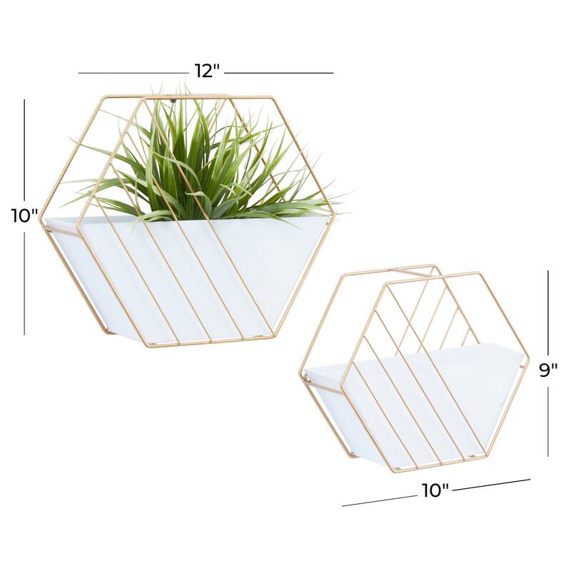 White Metal Indoor Outdoor Hanging Geometric Indoor Outdoor Wall Planter (Set of 2) - S/2 10", 9"H