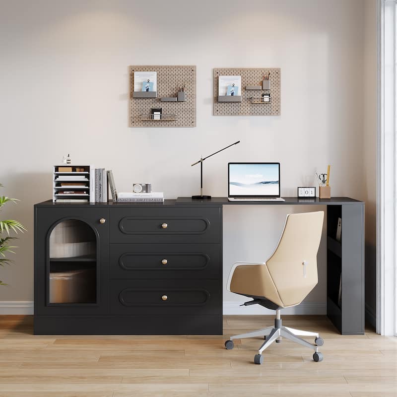 Modern 360° Rotatable Computer Desk, Executive Desk with 3 Drawers