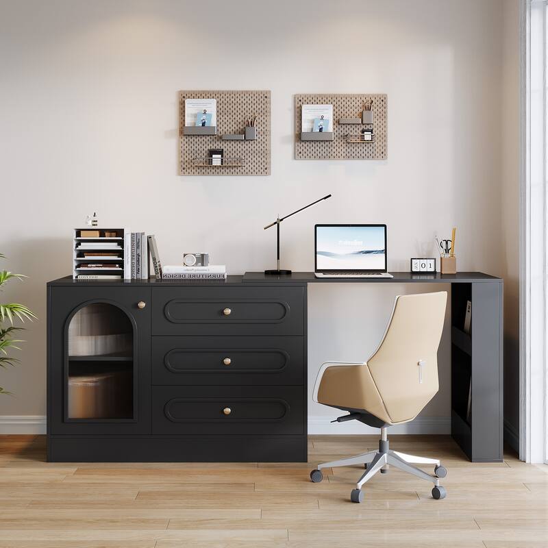 Modern 360° Rotatable Computer Desk with 3 Drawers, L Shaped Corner Executive Desk