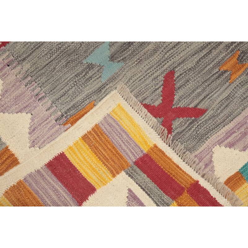 Hand Woven Oriental 100% Wool Carpet Southwestern Tribal Greys & Charcoal Kilim Area Rug - 8' 3'' X 4' 9''