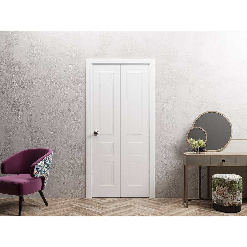 Sliding Closet Bi-fold Doors | Mela 0733 Painted White | Sturdy Tracks Moldings Trims | Wood Solid Bedroom Wardrobe Doors