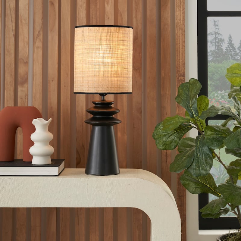 Nourison 22" Black Ceramic Tiered Table Lamp with Straw Shade