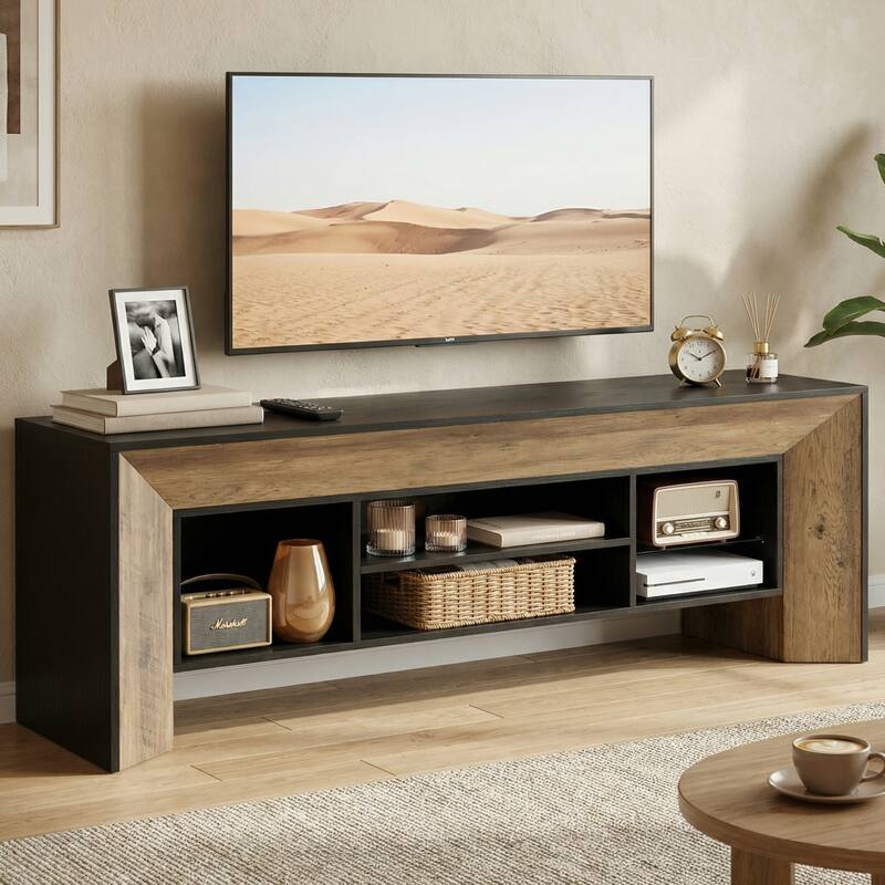 Farmhouse TV Stands for 70 inches TV, Wooden Entertainment Center with Open Storage Shelves for Living Room