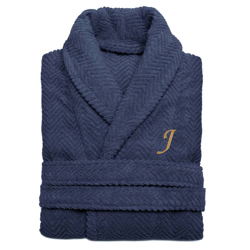 Authentic Hotel and Spa Midnight Blue with Gold Monogrammed Herringbone Weave Turkish Cotton Unisex Bath Robe - S/M - J