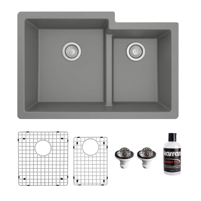 Karran 32" Undermount Large/Small Bowl Quartz Kitchen Sink Kit - 32" x 21.25" x 9" - Grey