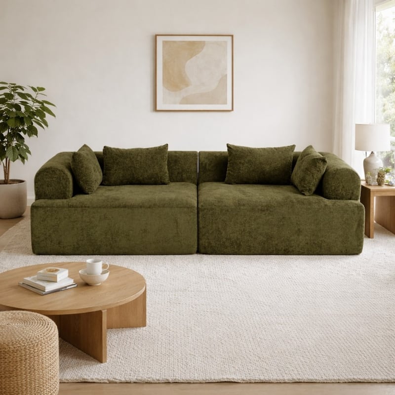 96" Boucle Fabric Sectional Sofa with Four Pillows, No Assembly Required - Green