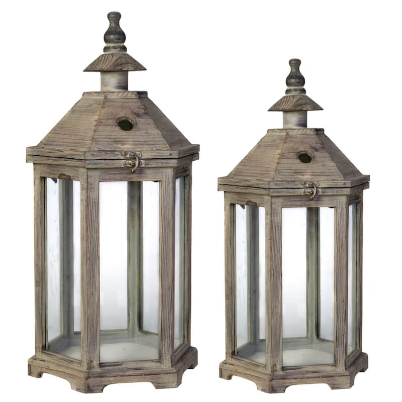 Polygon Temple Wooden Lanterns - 31" - Brown - Set of 2